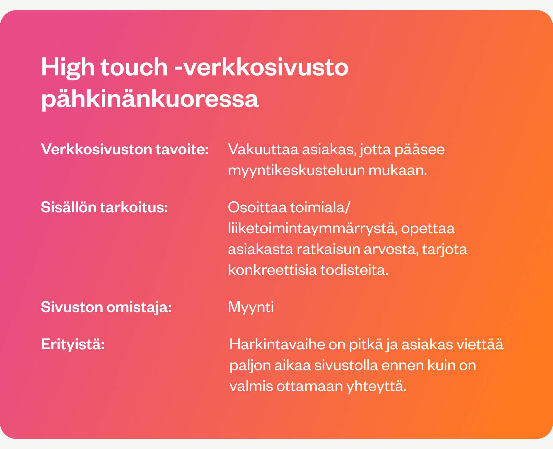 High touch -verkkosivusto - tavoite: Vakuuttaa asiakas, jotta pääsee myyntikeskusteluun mukaan. Sisällön tarkoitus: Osoittaa toimiala/liiketoimintaymmärrystä, opettaa asiakasta ratkaisun arvosta, tarjota konkreettisia todisteita. Sivuston omistaja: Myynti. Erityistä: Harkintavaihe on pitkä ja asiakas viettää paljon aikaa sivustolla ennen kuin on valmis ottamaan yhteyttä.