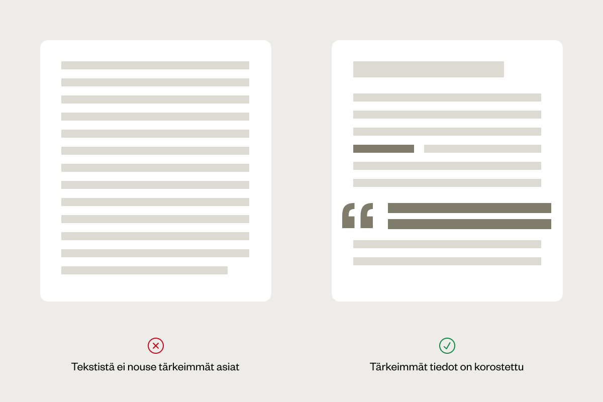 Hyviä ja huonoja esimerkkejä verkkosivuston silmäiltävästä sisällöstä - Lihavointi ja korostus