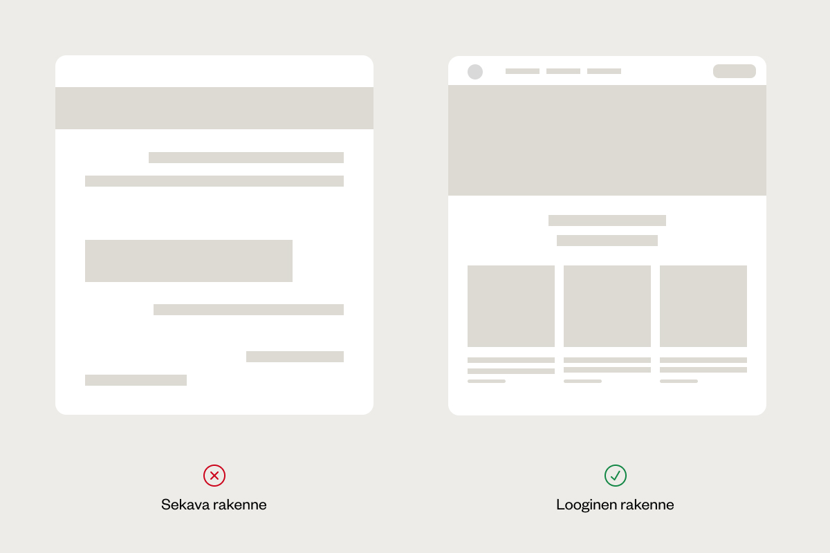 Hyviä ja huonoja esimerkkejä verkkosivuston silmäiltävästä sisällöstä -  sivun rakenne