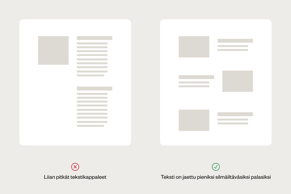 Hyviä ja huonoja esimerkkejä verkkosivuston silmäiltävästä sisällöstä - Tekstikappaleen pituus ja rajaus