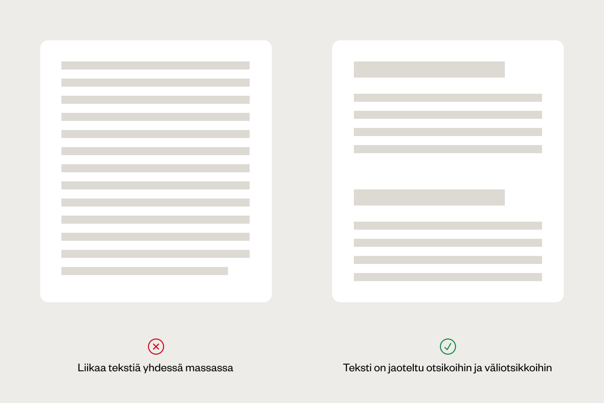 Hyviä ja huonoja esimerkkejä verkkosivuston silmäiltävästä sisällöstä - otsikot ja väliotsikot