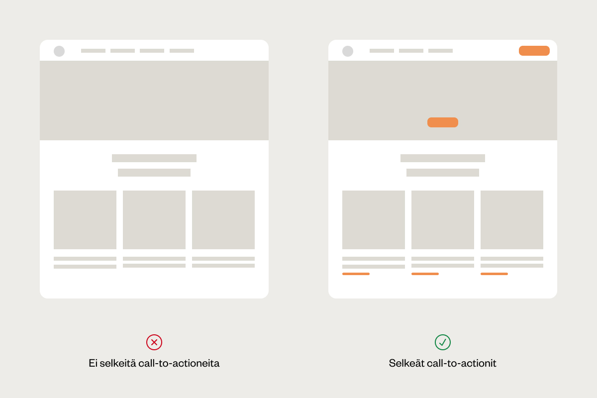Hyviä ja huonoja esimerkkejä verkkosivuston silmäiltävästä sisällöstä - selkeät call-to-actionit