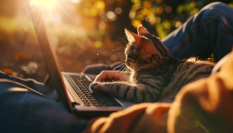 Saavutettavuus B2B-verkkosivustolla. Henkilö yrittää selata verkkosivustoa läppärillä, kirkkaassa auringonvalossa, kissa sylissä.