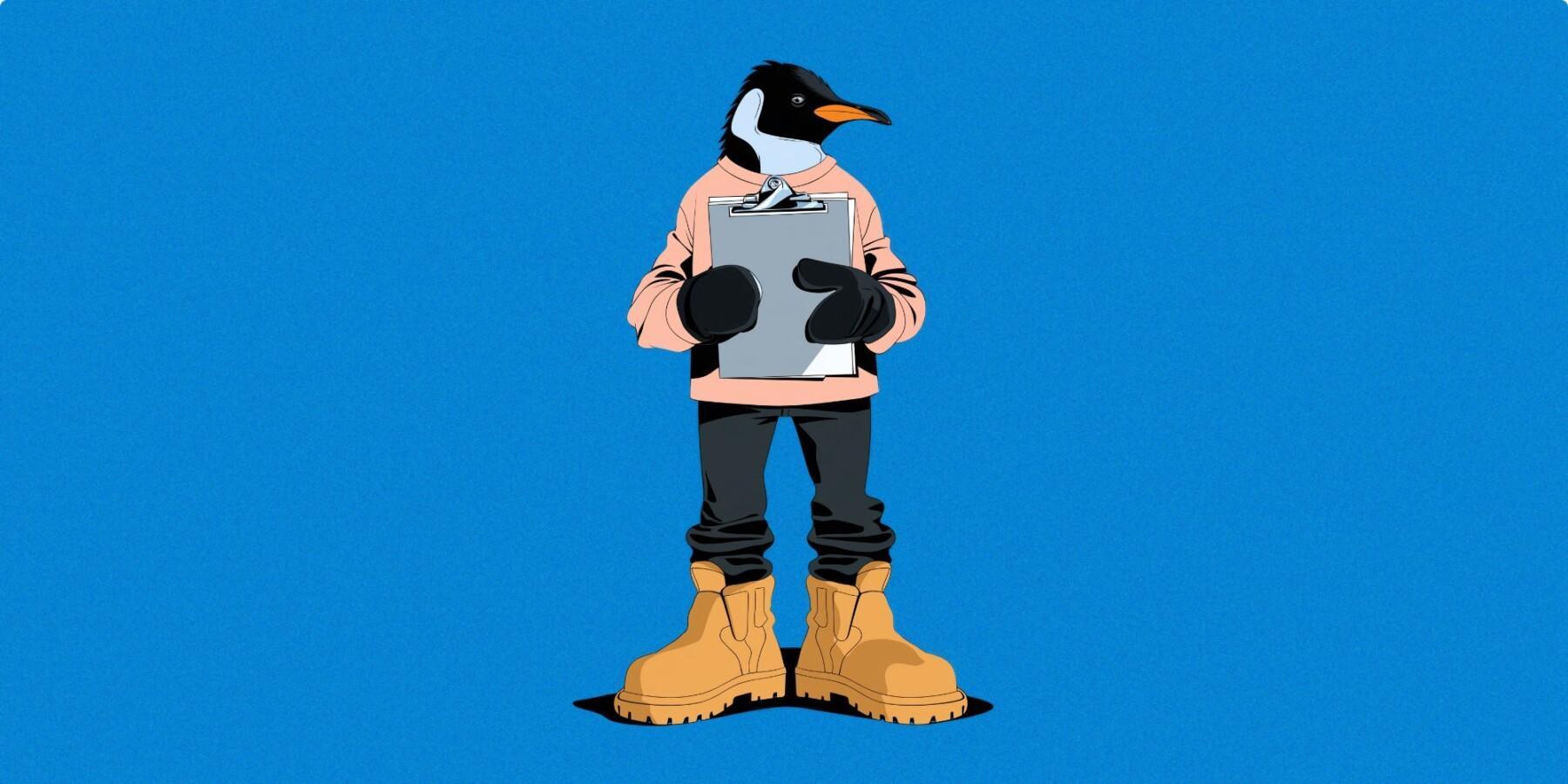 Pingviinihahmo joka kantaa kirjoitusalustaa